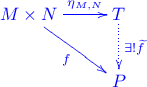 \xymatrix{ M \times N \ar[dr]_{f} \ar[r]^-{\eta_{M,N}} & T \ar@{.>}[d]^-{\exists ! \widetilde{f}} \\ & P}